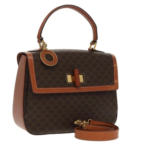 CELINE Macadam Canvas Hand Bag PVC Leather 2way Brown Gold - Picture 1 of 15